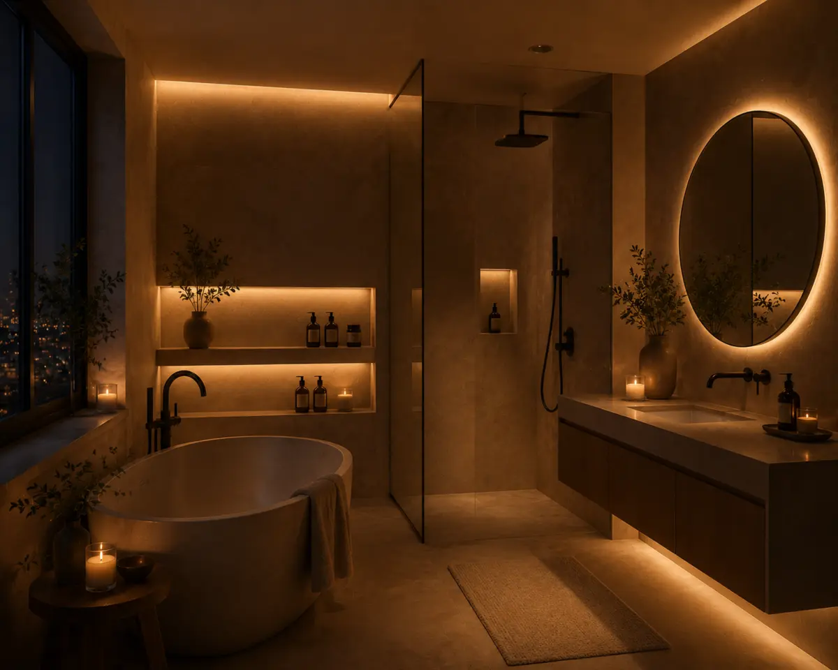 Bathroom atmosphere created with concealed LED lighting and candles