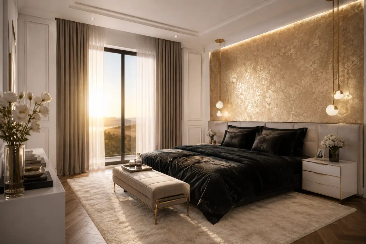 Elegant bedroom with natural textures, gold detail and balanced ambient lighting