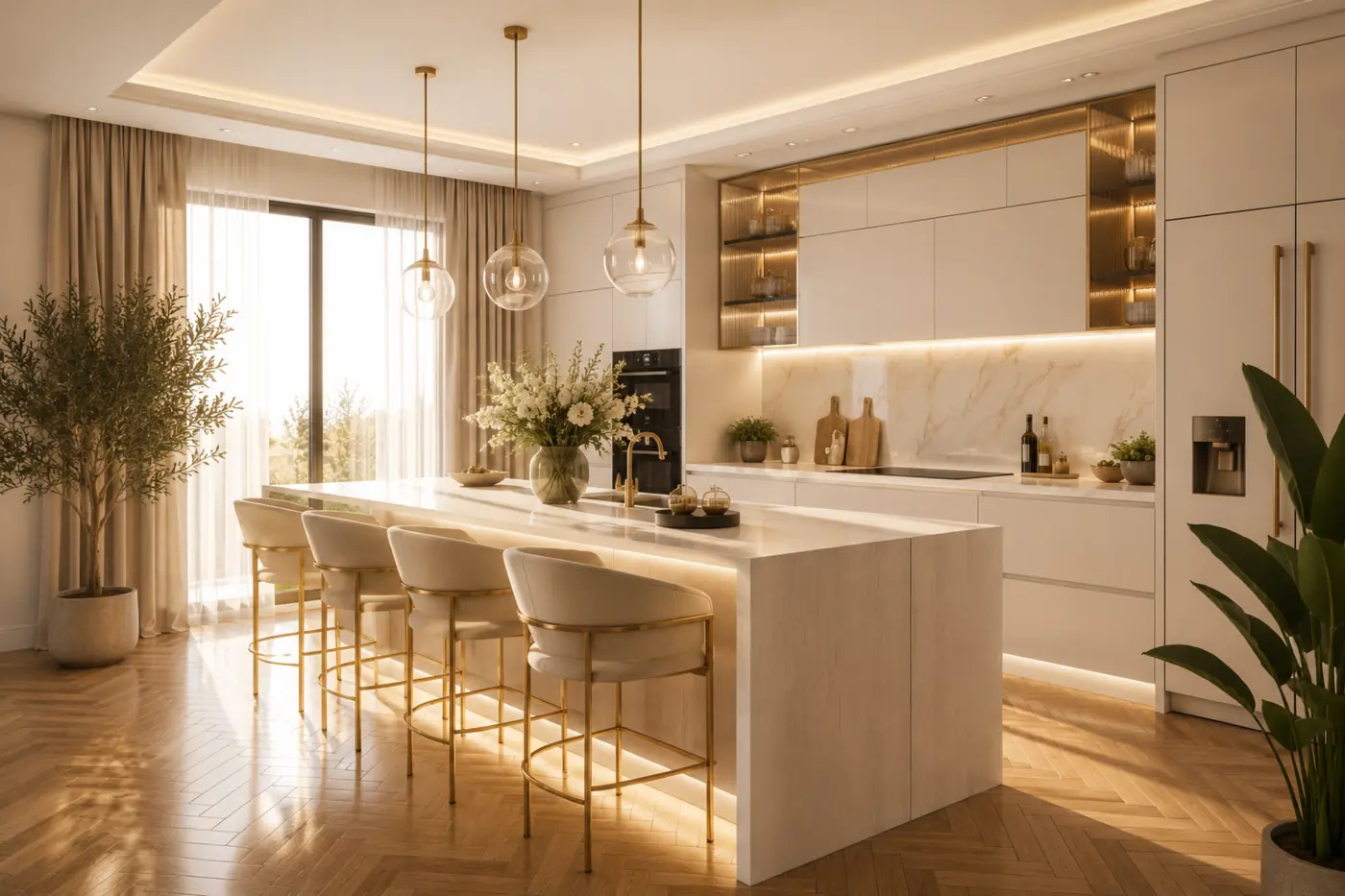 Elegant white kitchen with architectural lighting and gold accents