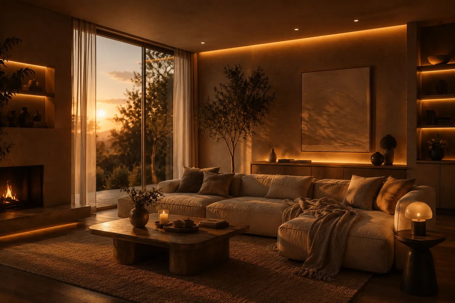 Luxury living room shaped by warm ambient lighting and natural textures
