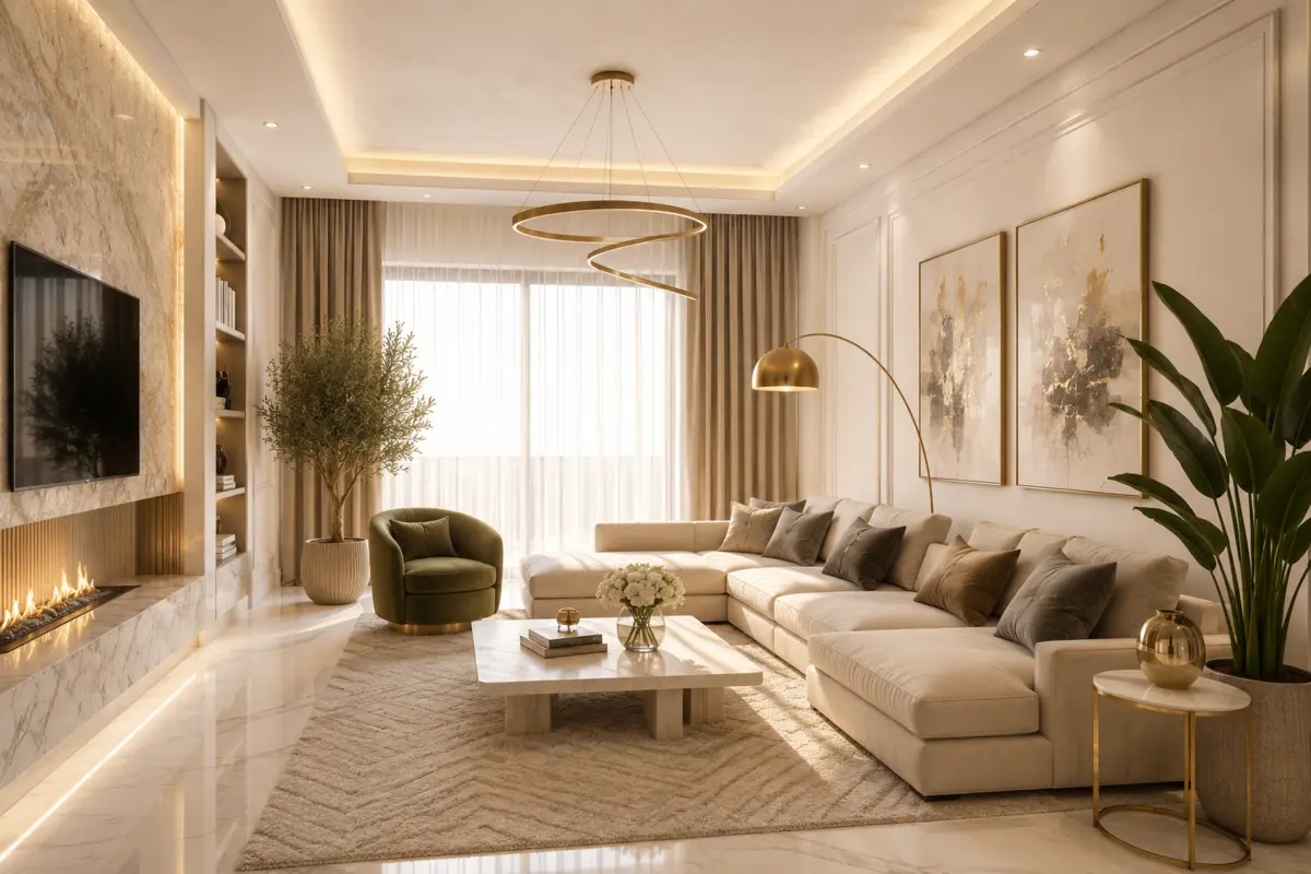 Premium elegant living room atmosphere with architectural lighting and refined textures