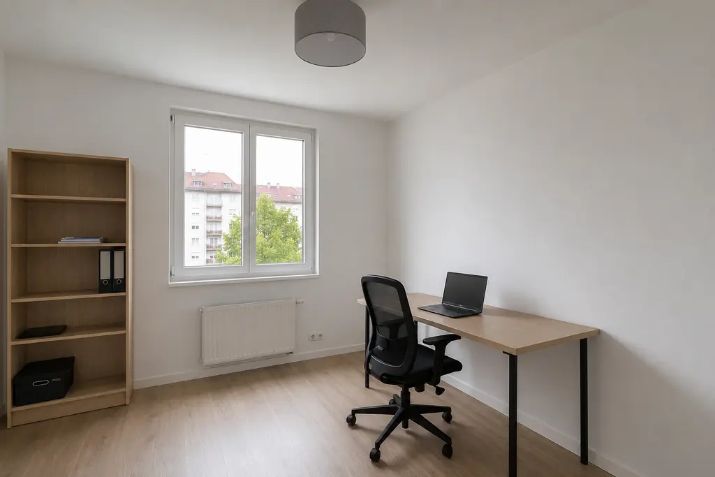 Basic home office before the interior design transformation, with white walls, a simple desk, laptop and overhead light.