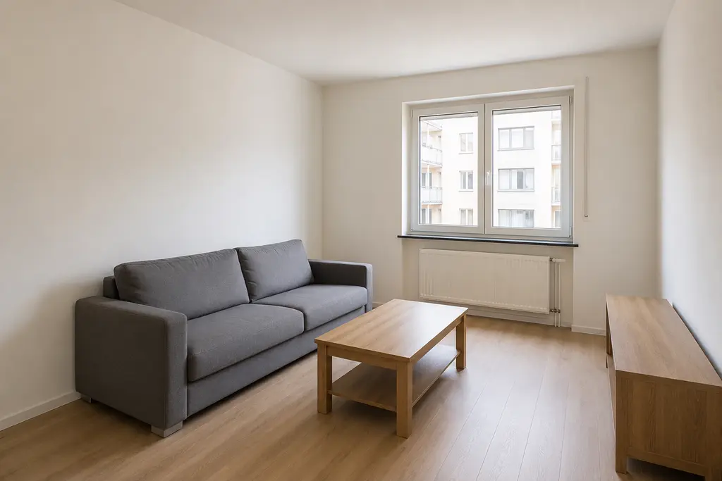 Basic living room before the interior design transformation, with white walls, a gray sofa, oak table and flat daylight.