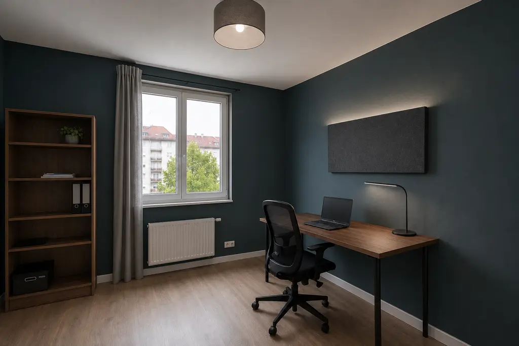 Focused home office after interior design, with deep blue-green walls, a walnut desk, acoustic texture and balanced task lighting.