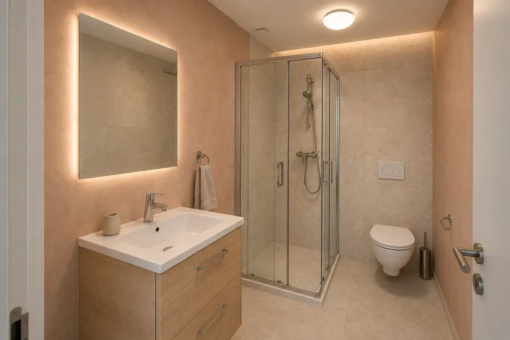 Modern bathroom after interior design, with mineral blush walls, pale stone, an oak vanity and soft diffused mirror lighting.