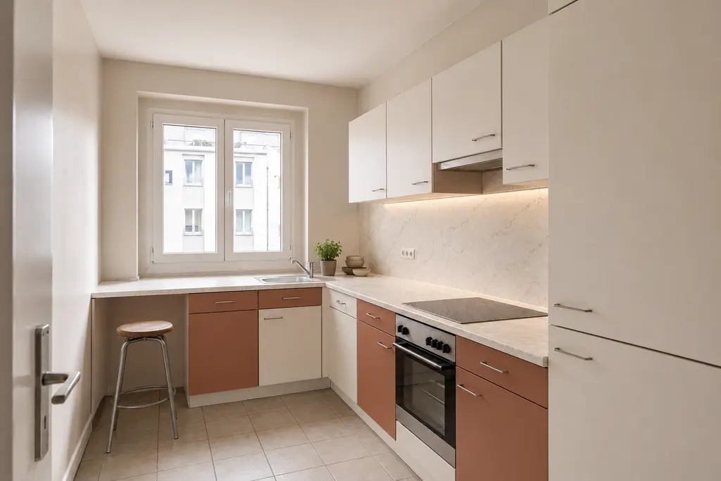 Compact modern kitchen after interior design, with Apple Cinnamon cabinetry, pale stone and warm under-cabinet task lighting.