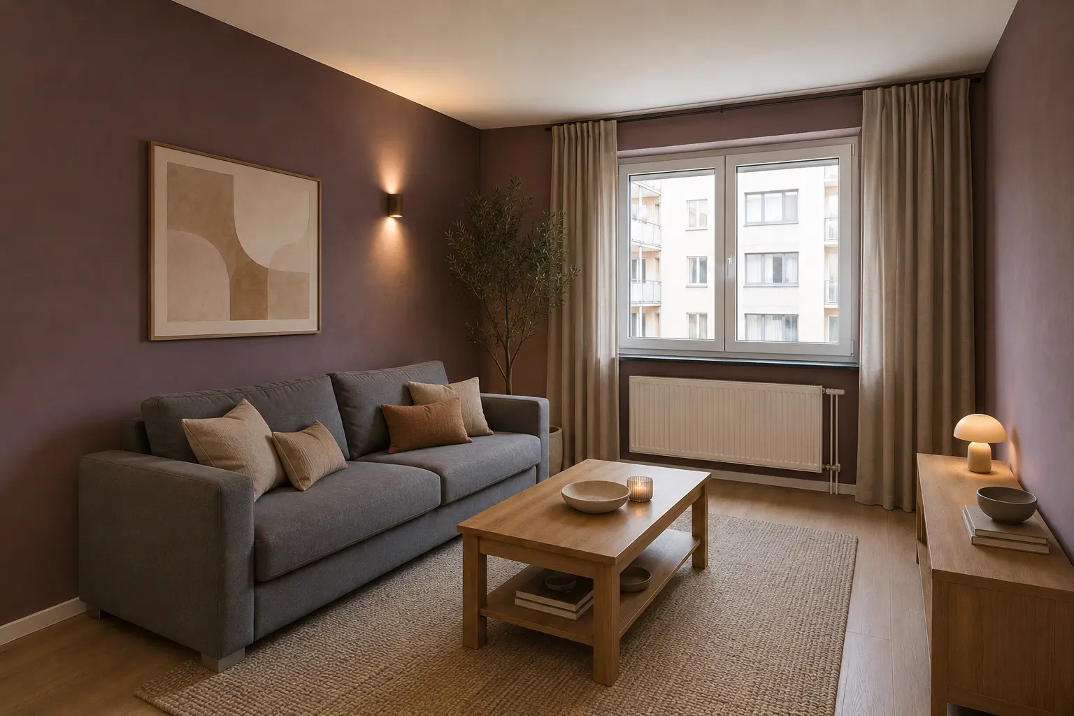 Organic modern living room with muted mulberry walls, layered warm lighting, oak furniture and natural woven textures.