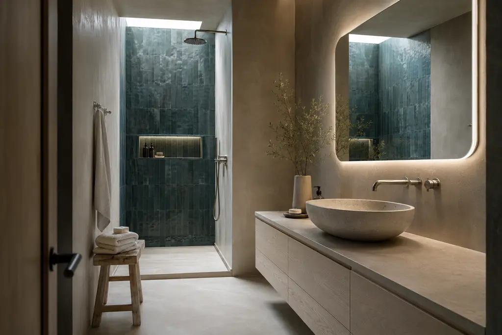 AI-assisted bathroom interior design visualization with teal zellige tiles, warm microcement, a pale ash vanity and indirect spa lighting.