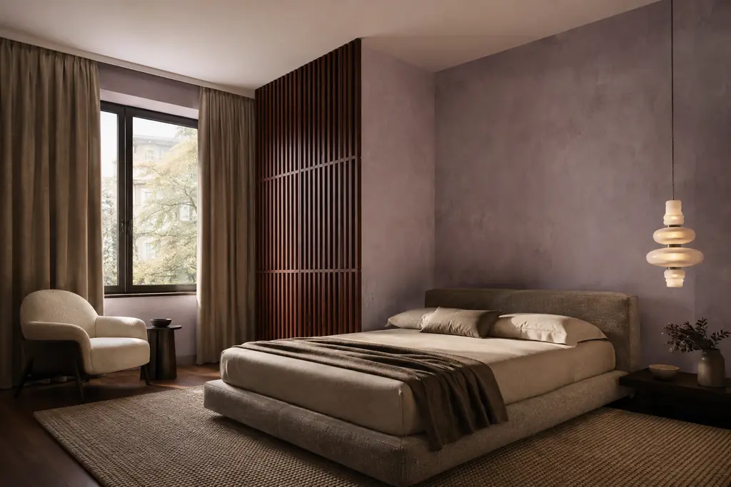 AI-assisted online bedroom interior design visualization with smoked lilac limewash walls, dark cherry wood, linen textiles and layered ambient lighting.