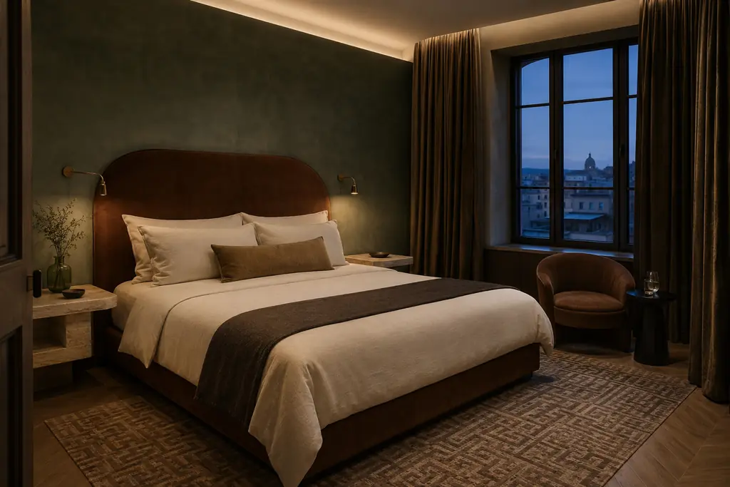 AI-assisted boutique hotel room interior design visualization with forest green limewash, tobacco velvet, travertine and layered warm lighting.