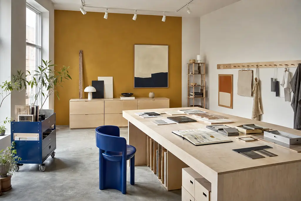 AI-assisted creative studio interior design visualization with ochre limewash, a birch worktable, cobalt accents and north-facing daylight.