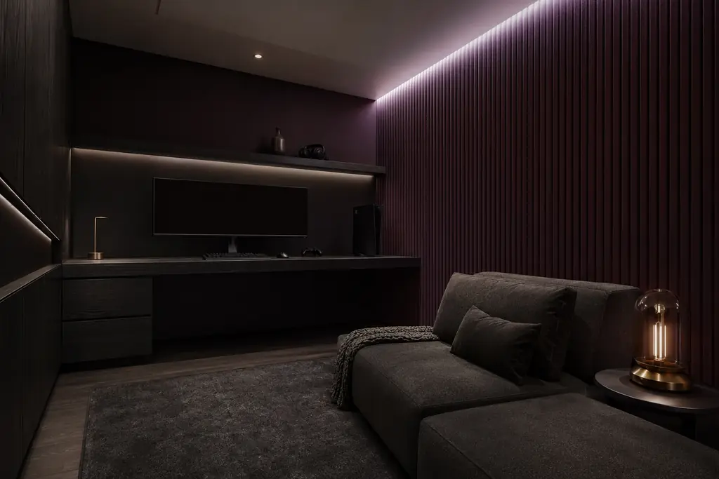 AI-assisted gaming room interior design visualization with aubergine acoustic panels, black ash furniture and controlled violet ambient lighting.
