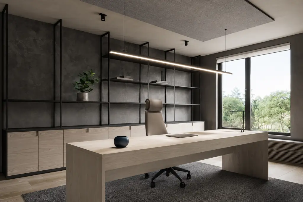 AI-assisted home office interior design visualization with graphite mineral walls, a pale ash desk, acoustic ceiling panels and neutral focus lighting.