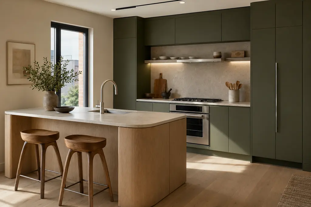 AI-assisted online kitchen interior design visualization with olive cabinetry, a pale oak island, limestone surfaces and concealed task lighting.