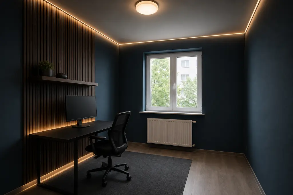 Refined gaming room after interior design, with petrol blue walls, amber bias lighting and dark acoustic wood texture.