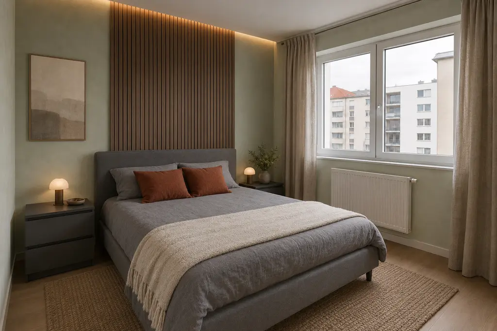 Warm minimal bedroom after interior design, with liquid mint walls, smoked oak, layered ambient lighting and natural textiles.
